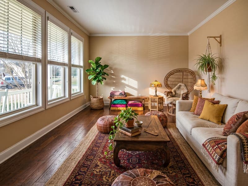 Bohemian staged living room — AI virtual staging result
