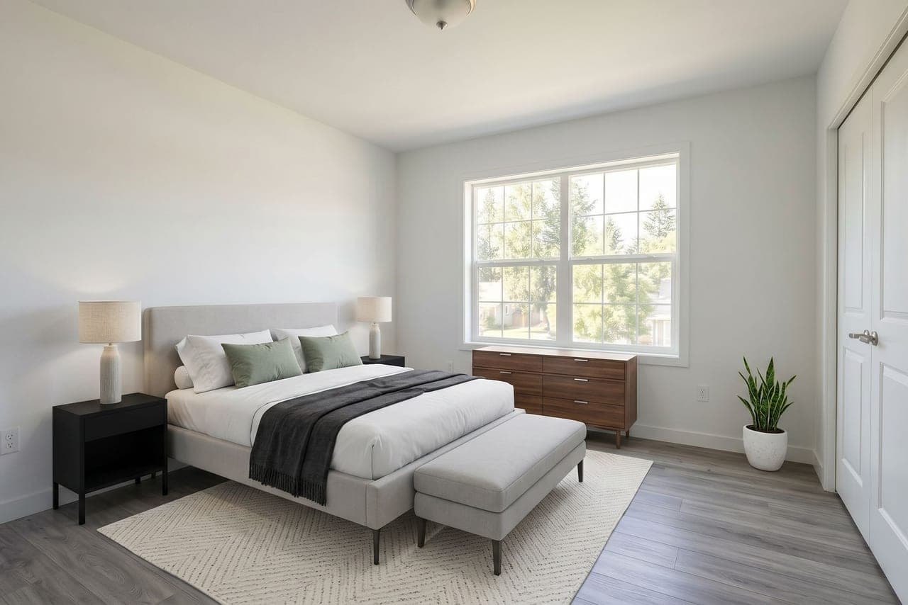 QuickStage Modern virtual staging example: a bedroom with an upholstered bed, simple nightstands and a neutral rug.