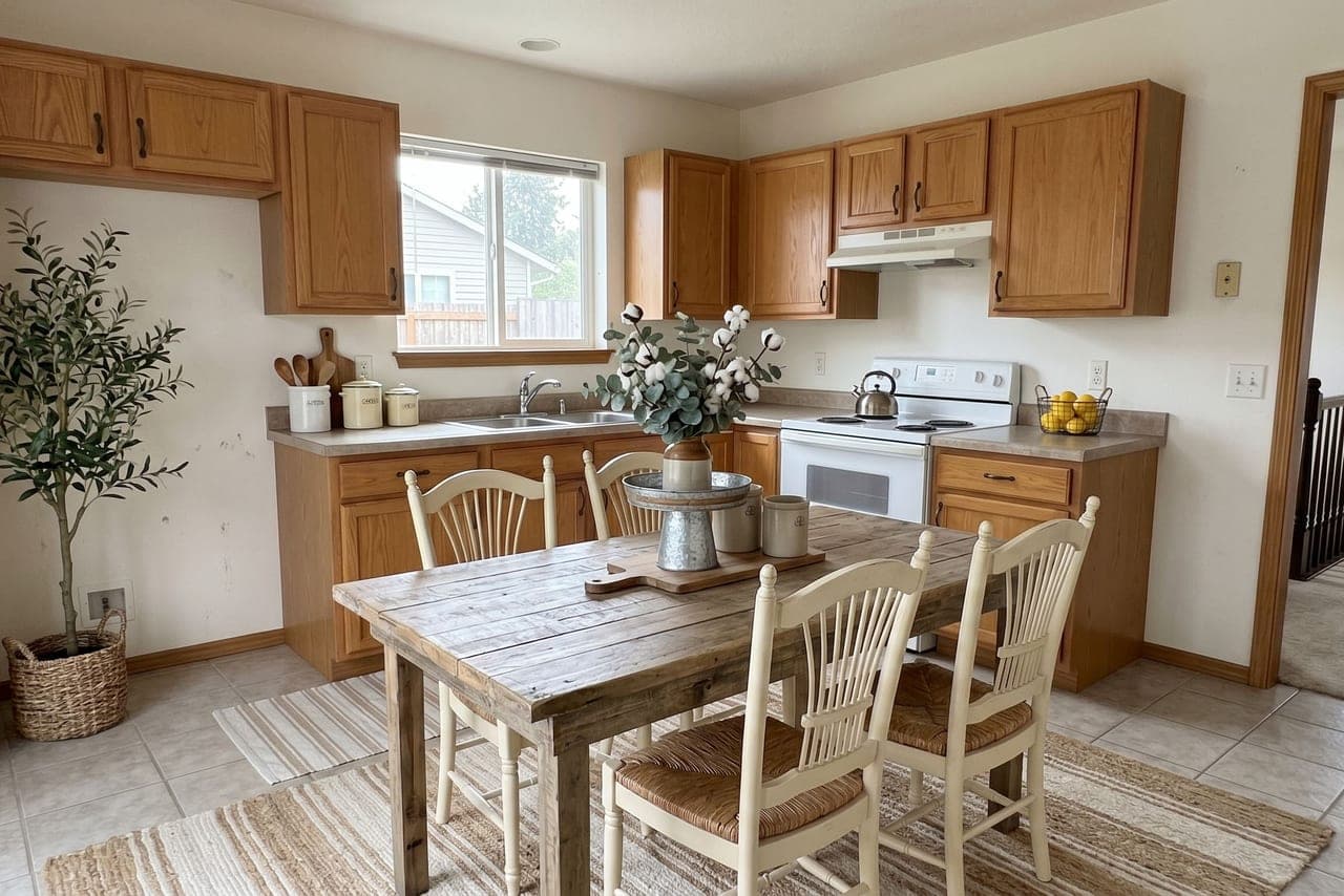 Kitchen in Farmhouse style, virtually staged with QuickStage