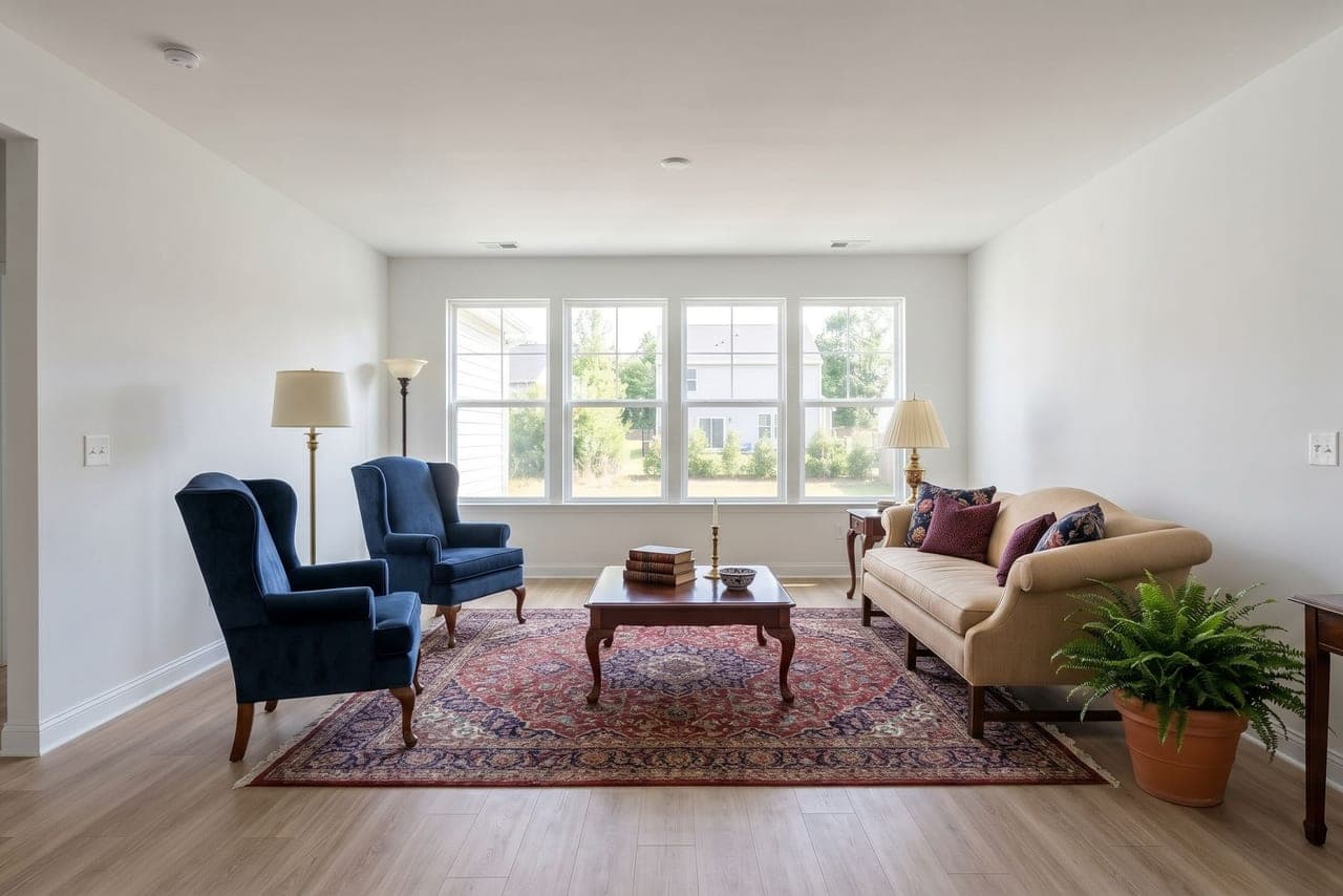 QuickStage Traditional virtual staging example: a living room with navy wingback chairs, a beige sofa and a patterned rug.